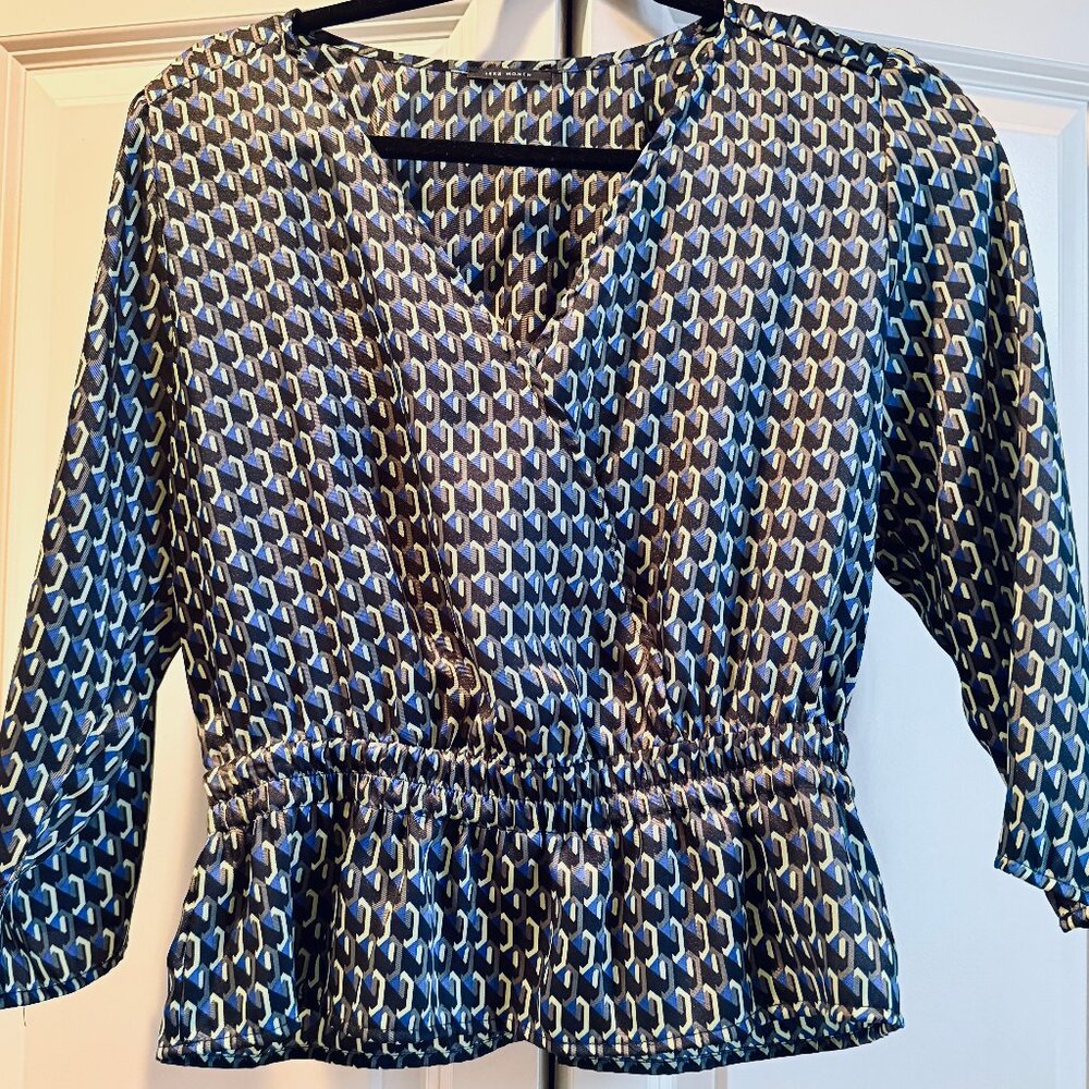 IKKS Women Geometric Print Blouse EU 36 US 4 Silk-Like V-Neck Peplum Top Blue